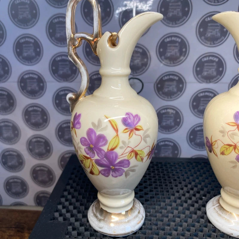 Antique Figural Ewer Urn Spelter Vases Cherub Floral Globes Vintage Decor Prop x2