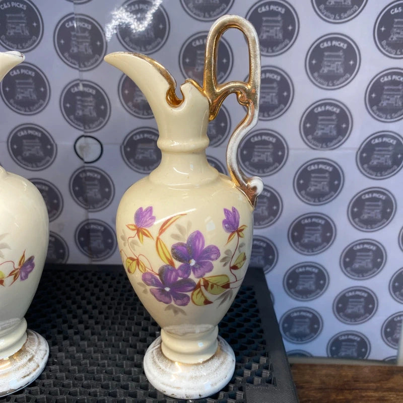 Antique Figural Ewer Urn Spelter Vases Cherub Floral Globes Vintage Decor Prop x2