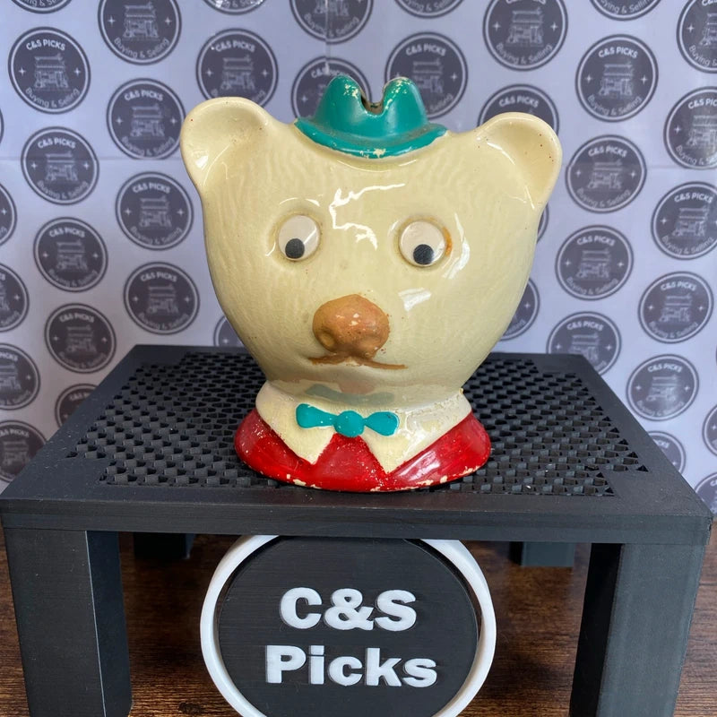 Vintage Teddy Bear Money Box Piggy Bank Ceramic Hand Painted Decor Nursery Retro