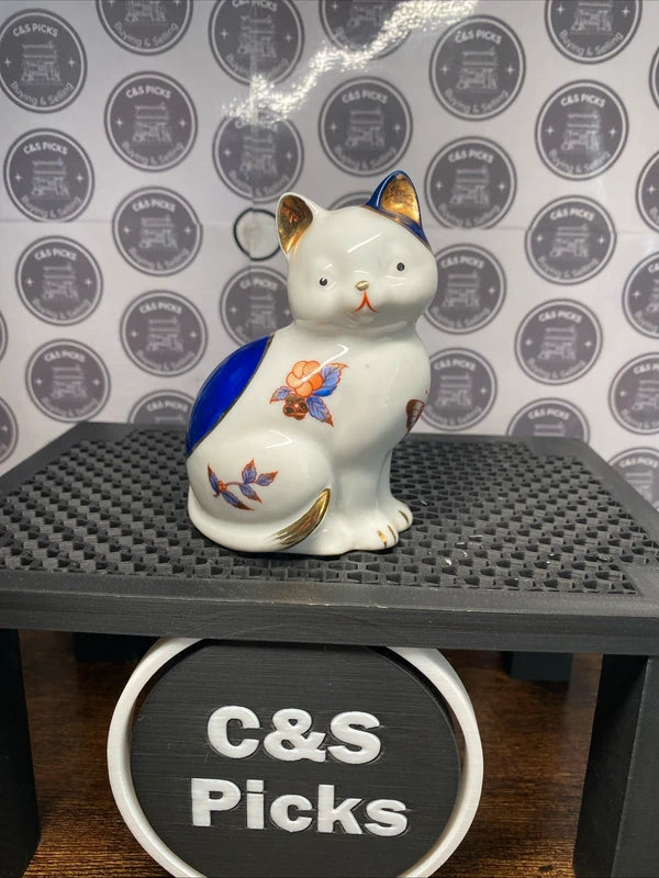 Vintage Porcelain China Cat Figurine Blue White Gold Asian Flowers Butterfly