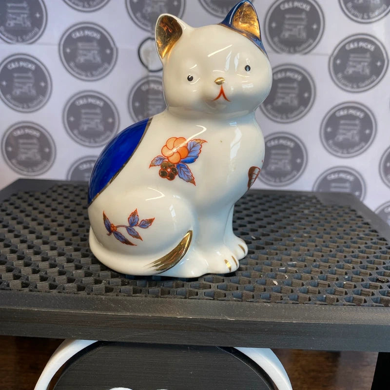 Vintage Porcelain China Cat Figurine Blue White Gold Asian Flowers Butterfly