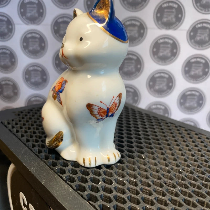 Vintage Porcelain China Cat Figurine Blue White Gold Asian Flowers Butterfly
