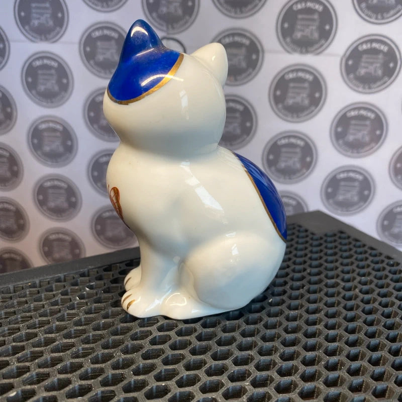 Vintage Porcelain China Cat Figurine Blue White Gold Asian Flowers Butterfly