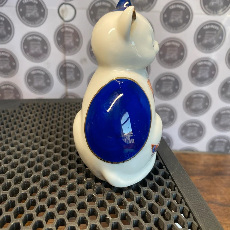 Vintage Porcelain China Cat Figurine Blue White Gold Asian Flowers Butterfly