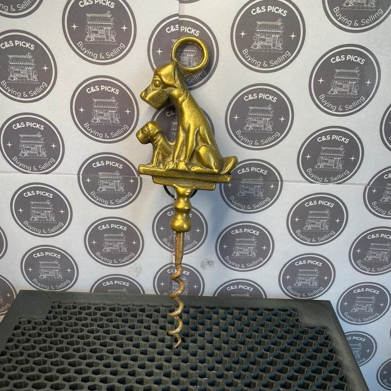 Vintage Sold Brass Corkscrew Bottle Opener Dog & Puppy Decor Mancave Home Bar UK