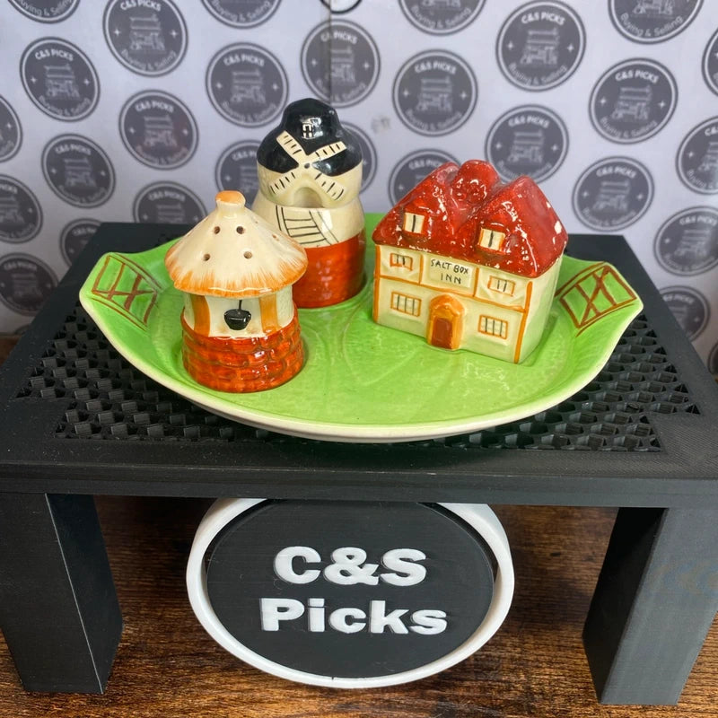 Vintage Novelty Salt & Pepper Shaker Set Tray Windmill Well Cottage Decor Prop