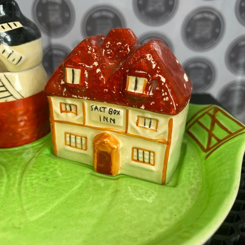 Vintage Novelty Salt & Pepper Shaker Set Tray Windmill Well Cottage Decor Prop
