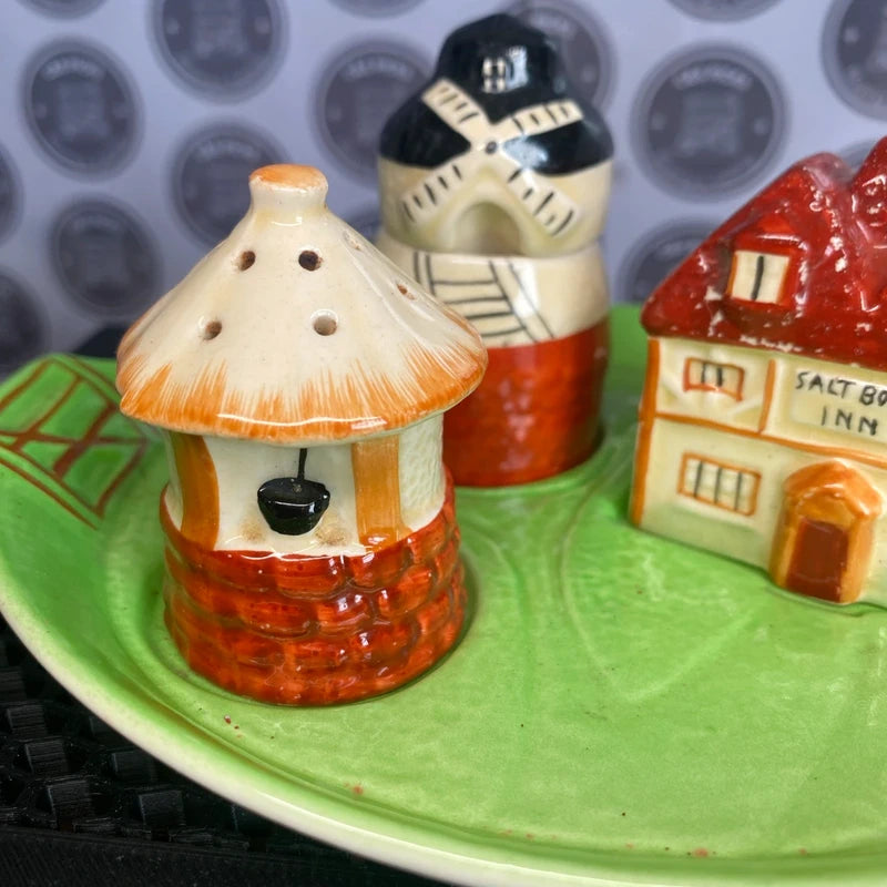 Vintage Novelty Salt & Pepper Shaker Set Tray Windmill Well Cottage Decor Prop