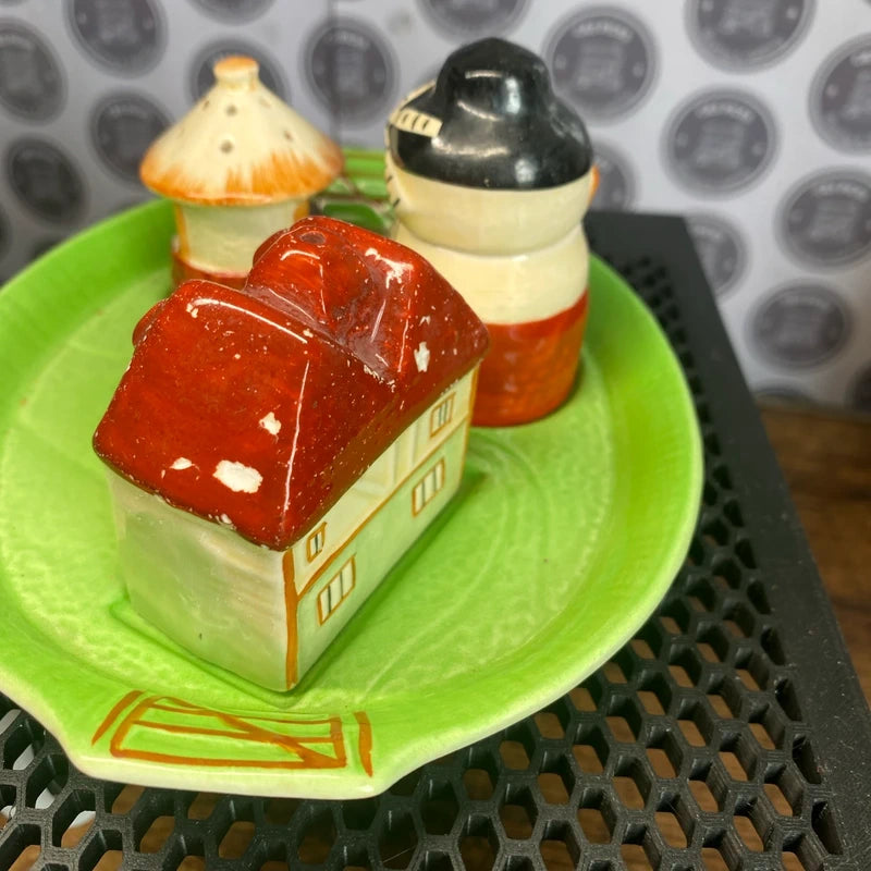Vintage Novelty Salt & Pepper Shaker Set Tray Windmill Well Cottage Decor Prop