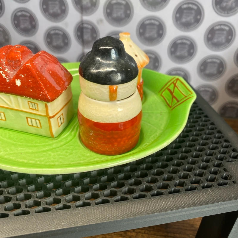 Vintage Novelty Salt & Pepper Shaker Set Tray Windmill Well Cottage Decor Prop