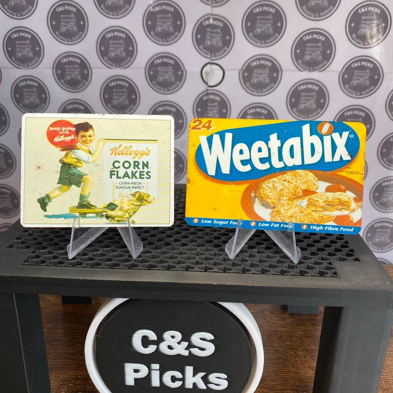 Vintage Cereal Advertising Tin Fridge Magnets Kellogs Corn Flakes & Weetabix X2