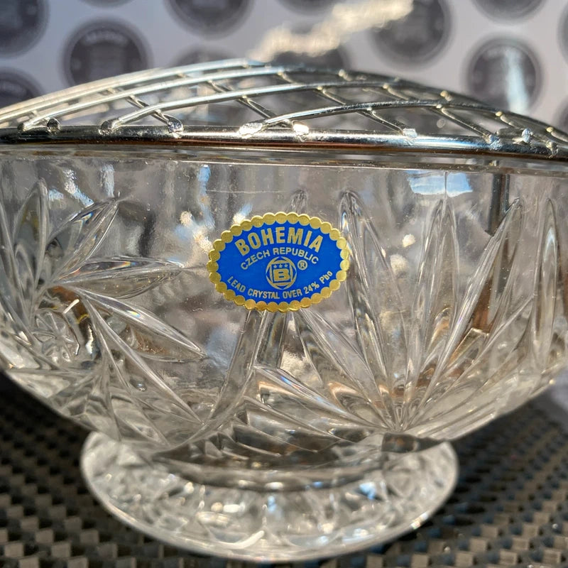 Vintage Bohemia Lead Crystal Flower Rose Vase Bowl With Removable Metal Grid