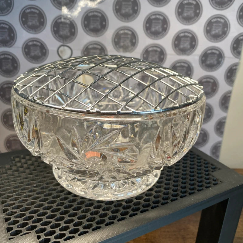 Vintage Bohemia Lead Crystal Flower Rose Vase Bowl With Removable Metal Grid