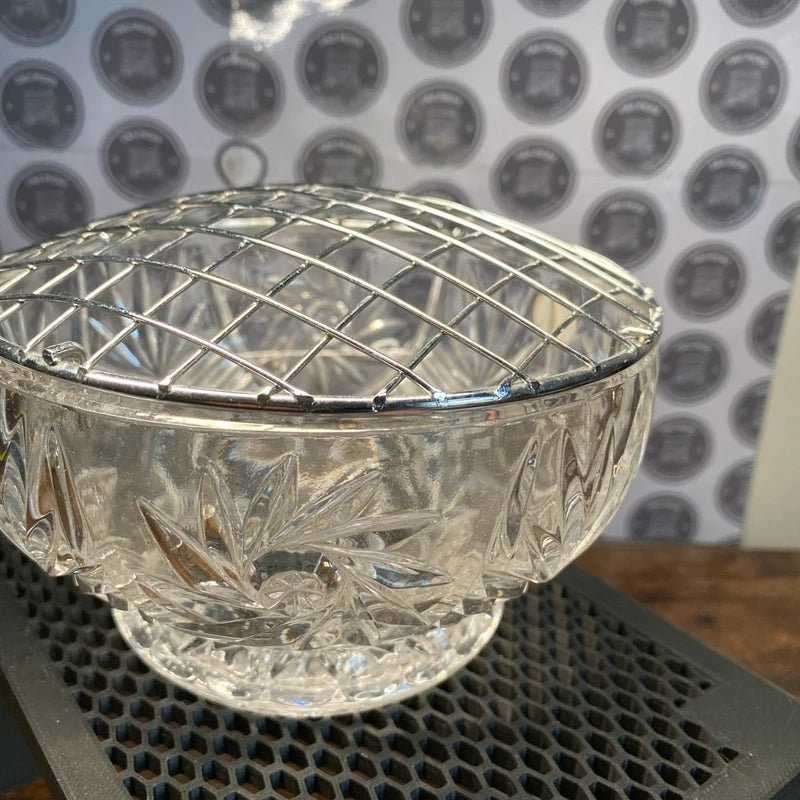 Vintage Bohemia Lead Crystal Flower Rose Vase Bowl With Removable Metal Grid