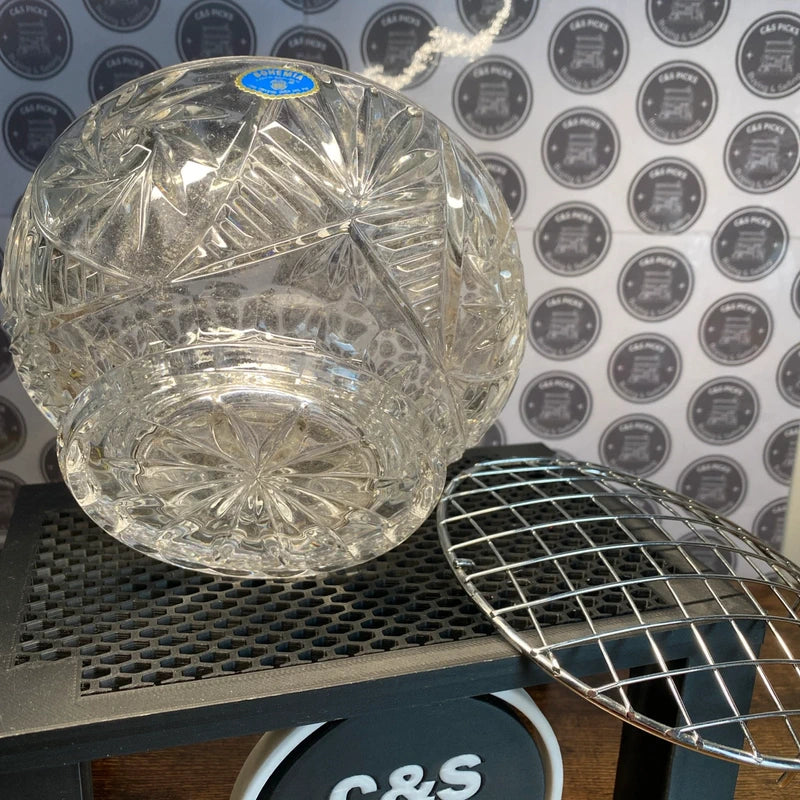 Vintage Bohemia Lead Crystal Flower Rose Vase Bowl With Removable Metal Grid