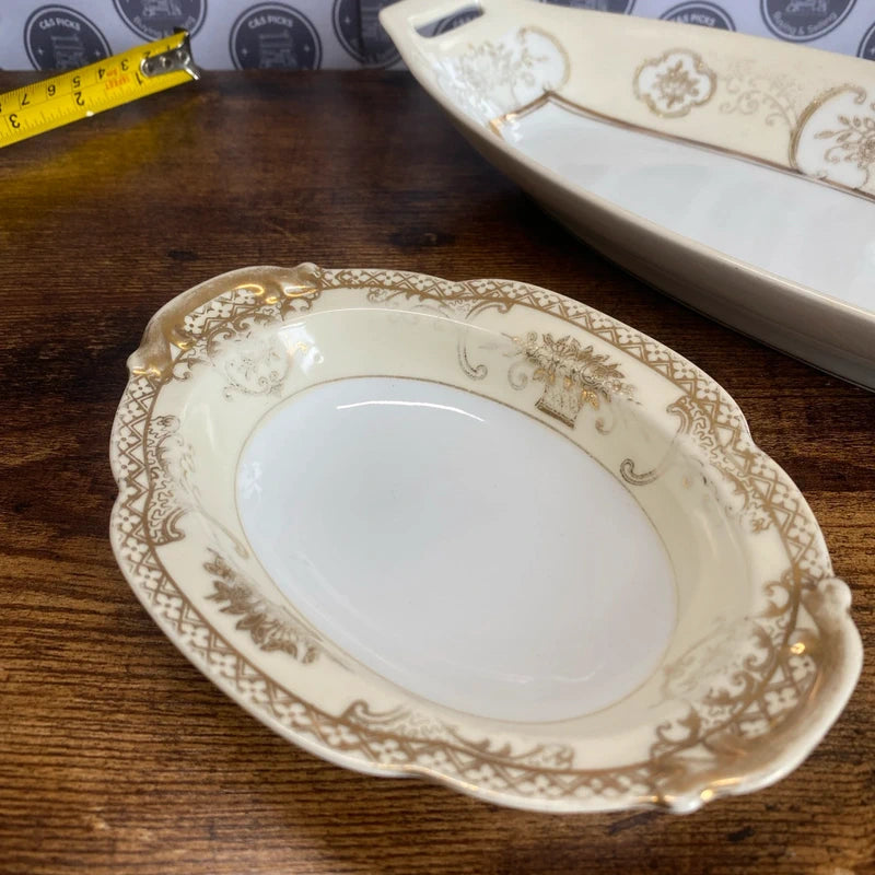 Two Noritake Oval Relish Dish Serving Bowl Green Stamp decor vintage prop pair