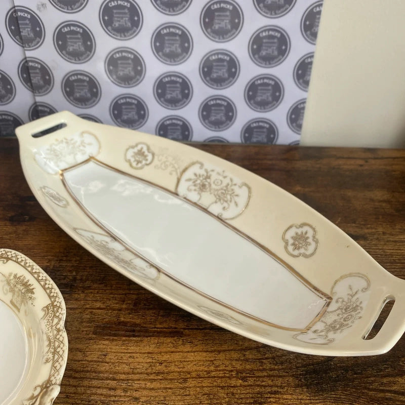 Two Noritake Oval Relish Dish Serving Bowl Green Stamp decor vintage prop pair