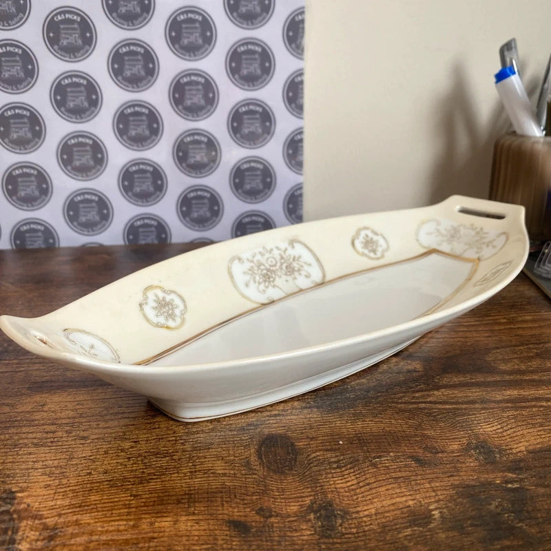 Two Noritake Oval Relish Dish Serving Bowl Green Stamp decor vintage prop pair