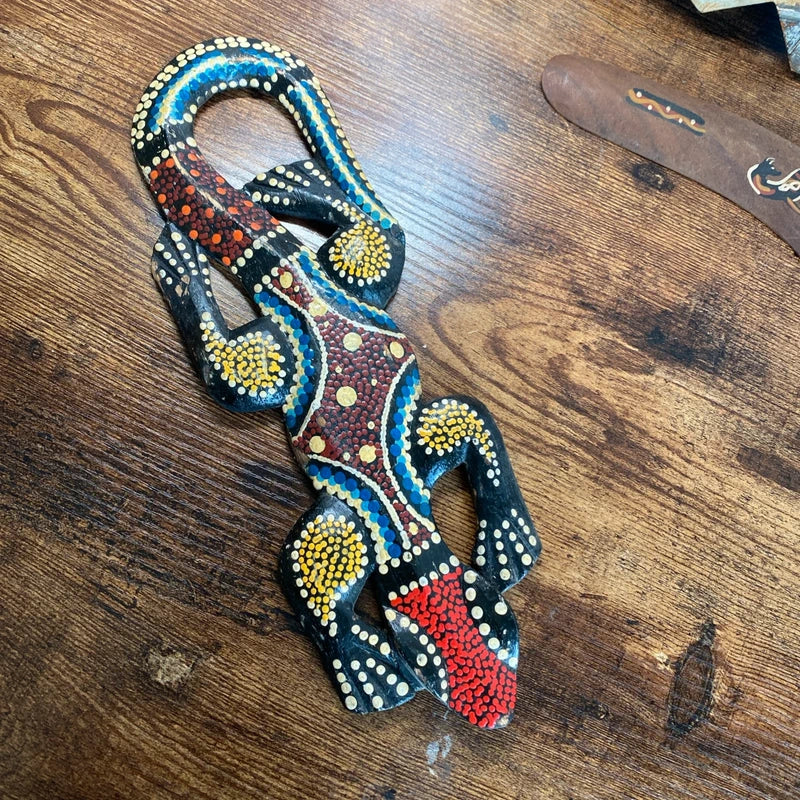 Vintage Australian Aboriginal Wooden Art Boomerang , Dot Painted Gecko & Turtle