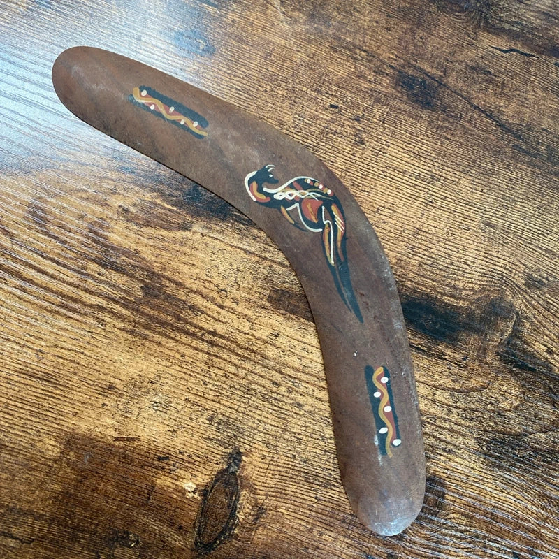 Vintage Australian Aboriginal Wooden Art Boomerang , Dot Painted Gecko & Turtle