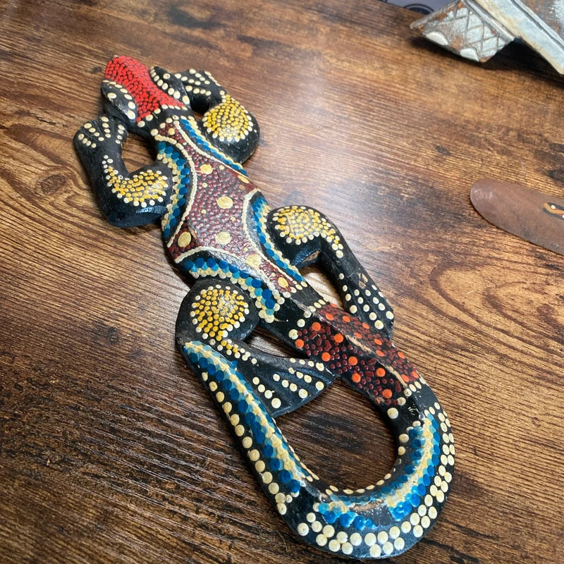 Vintage Australian Aboriginal Wooden Art Boomerang , Dot Painted Gecko & Turtle
