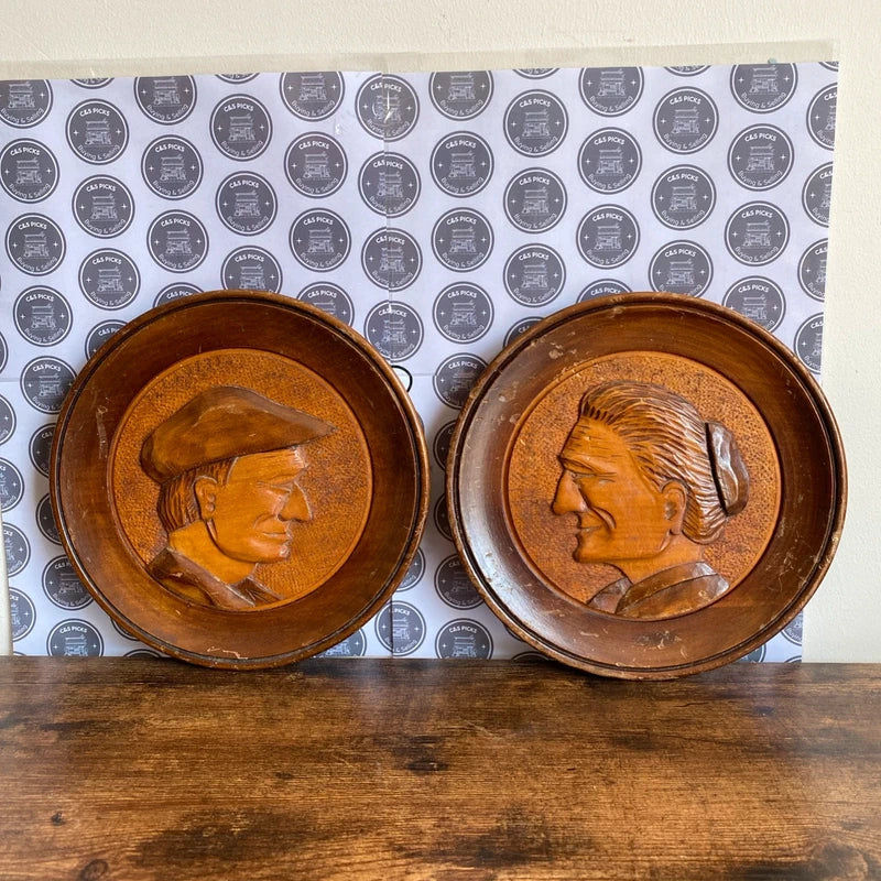 Vintage Hand Carved Wooden Wall Plate Plaque Pair X2 Man Woman Decor Folk Art