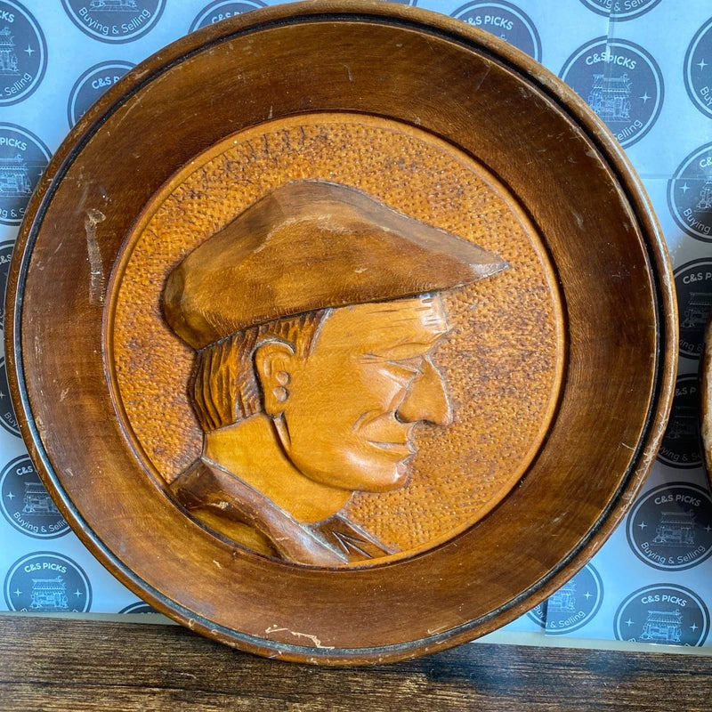 Vintage Hand Carved Wooden Wall Plate Plaque Pair X2 Man Woman Decor Folk Art