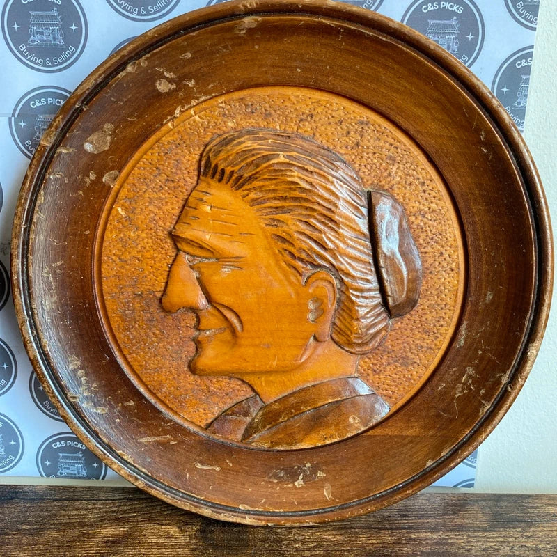 Vintage Hand Carved Wooden Wall Plate Plaque Pair X2 Man Woman Decor Folk Art