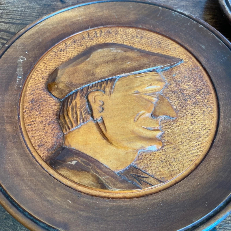 Vintage Hand Carved Wooden Wall Plate Plaque Pair X2 Man Woman Decor Folk Art