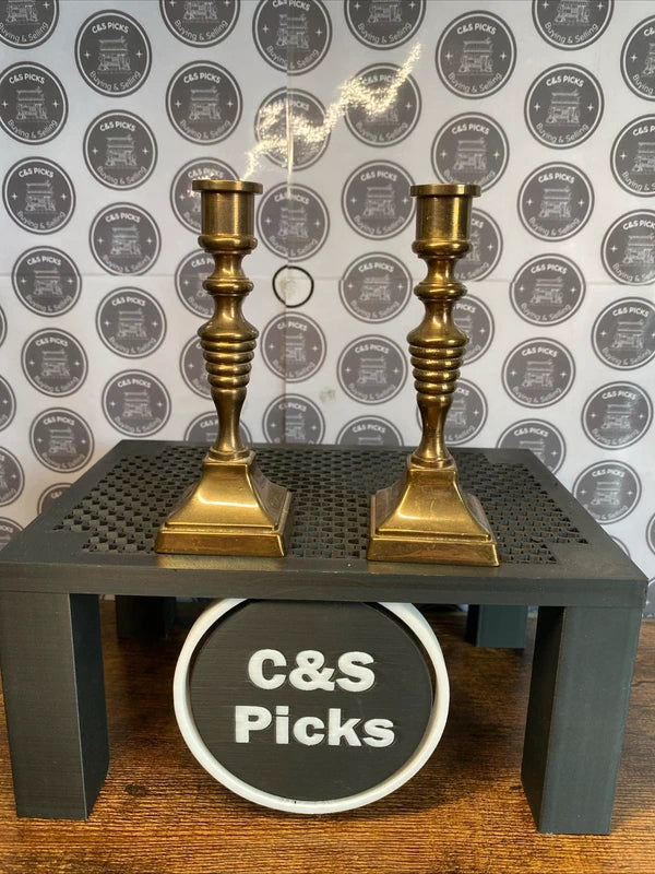 Vintage Solid Brass Candlestick Holders Pair Colonial Square Base Home Decor UK