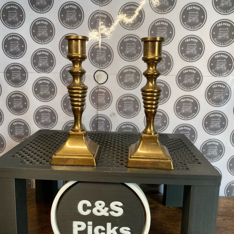 Vintage Solid Brass Candlestick Holders Pair Colonial Square Base Home Decor UK