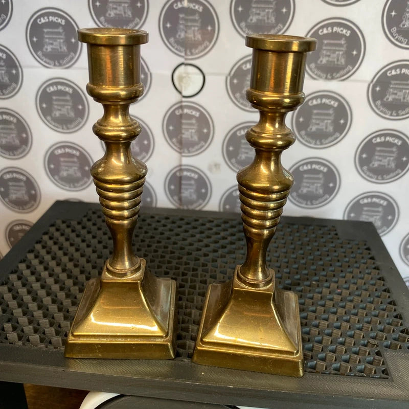 Vintage Solid Brass Candlestick Holders Pair Colonial Square Base Home Decor UK
