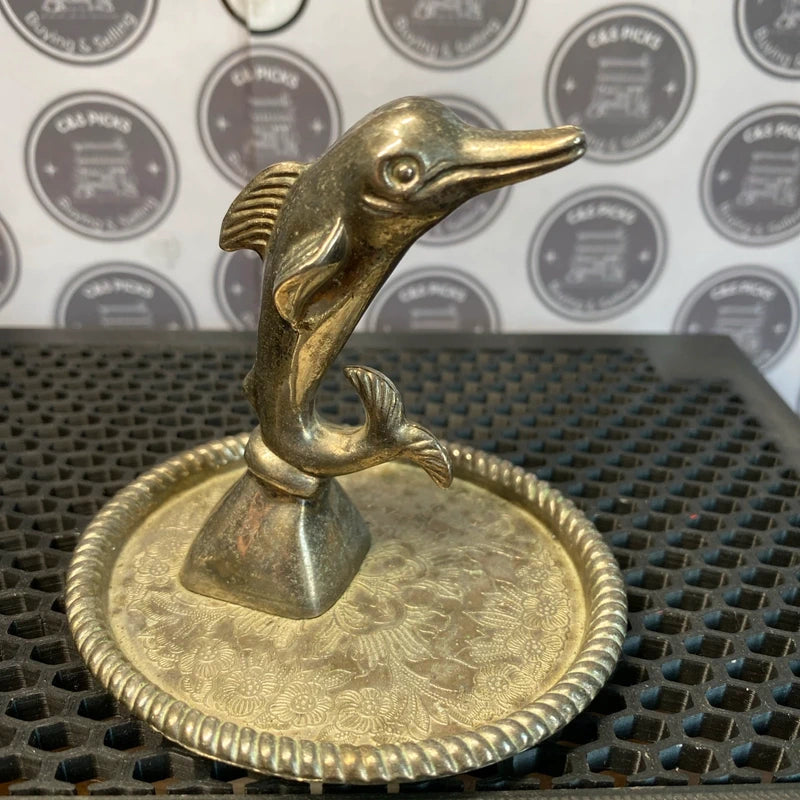 Dolphin Vintage Silver Plated Ring Holder Attached Tray Decorative Decor Prop