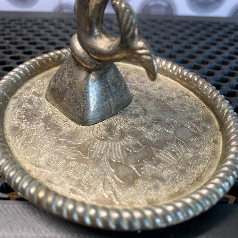 Dolphin Vintage Silver Plated Ring Holder Attached Tray Decorative Decor Prop