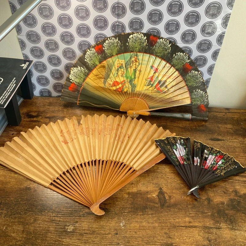 Bundle of Three Vintage Hand Fans Various Sizes Hand Painted Floral Chinese Art