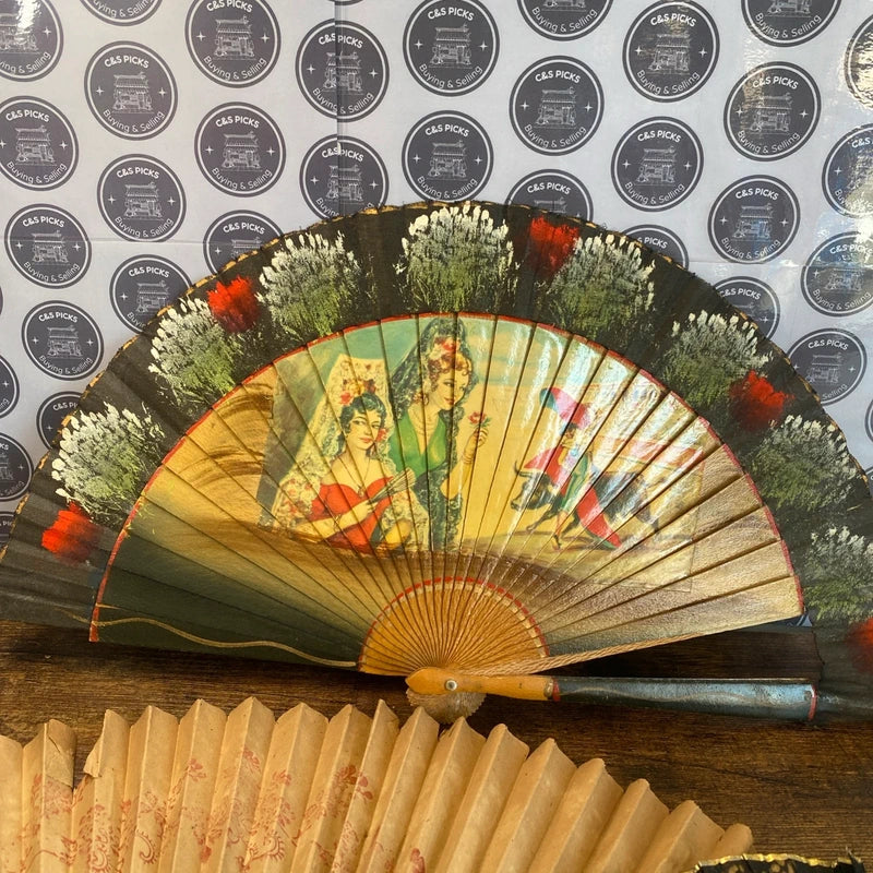 Bundle of Three Vintage Hand Fans Various Sizes Hand Painted Floral Chinese Art