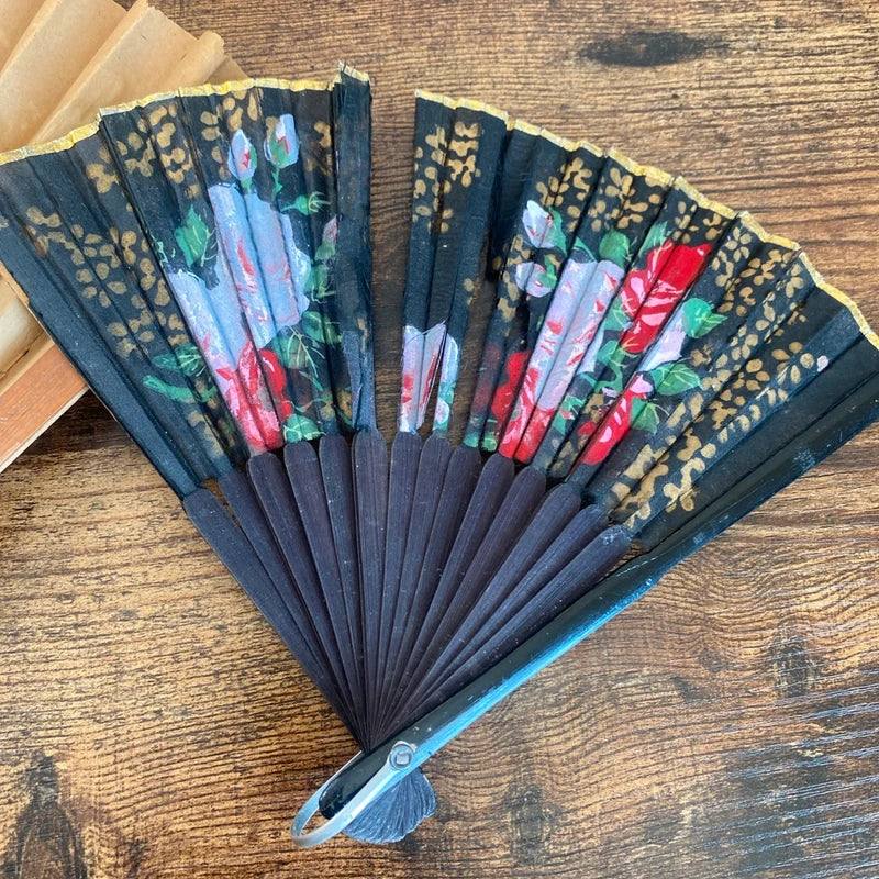 Bundle of Three Vintage Hand Fans Various Sizes Hand Painted Floral Chinese Art