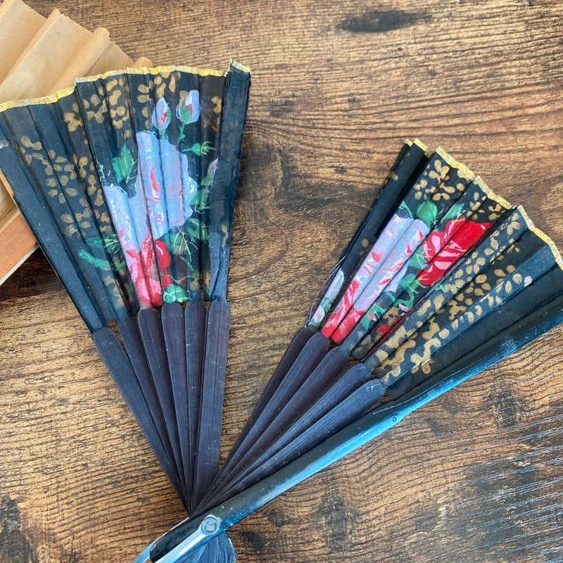 Bundle of Three Vintage Hand Fans Various Sizes Hand Painted Floral Chinese Art