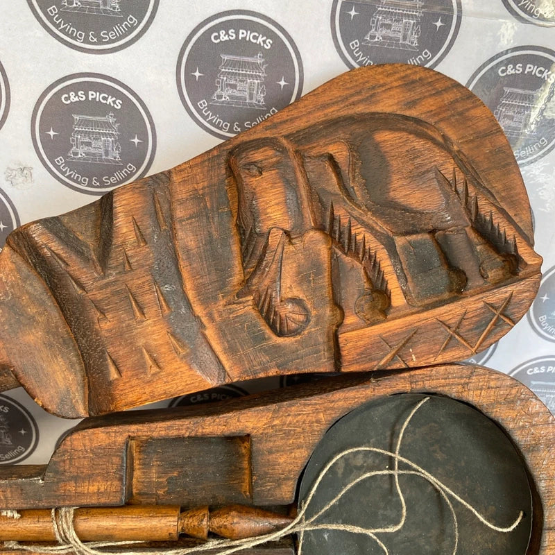 Antique Wooden Case Hand Carved Elephant Merchant Weight Scale Medicine Gold