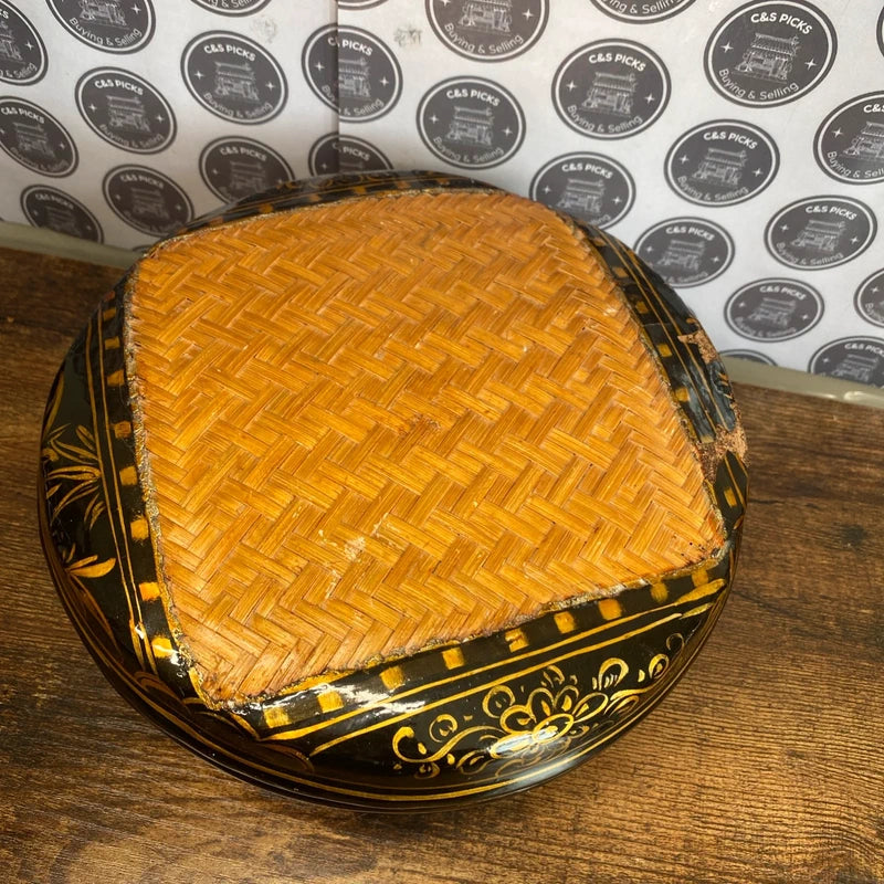 Vintage Chinese Wicker Bamboo Basket Hand Woven Lid Storage Box Boho Decor Retro