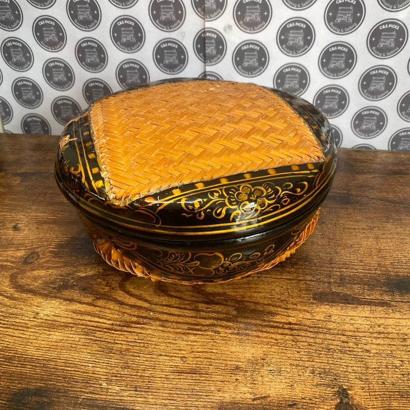 Vintage Chinese Wicker Bamboo Basket Hand Woven Lid Storage Box Boho Decor Retro