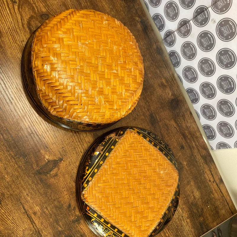Vintage Chinese Wicker Bamboo Basket Hand Woven Lid Storage Box Boho Decor Retro