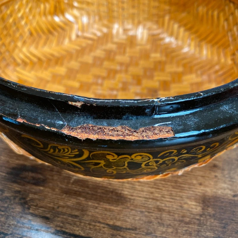 Vintage Chinese Wicker Bamboo Basket Hand Woven Lid Storage Box Boho Decor Retro