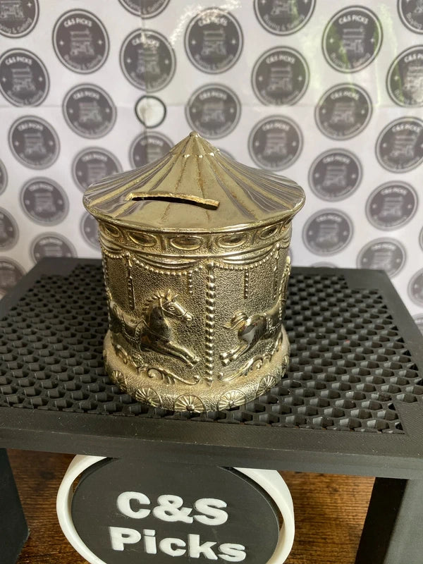 Vintage silver plated kids money box savings tin carousel horses
