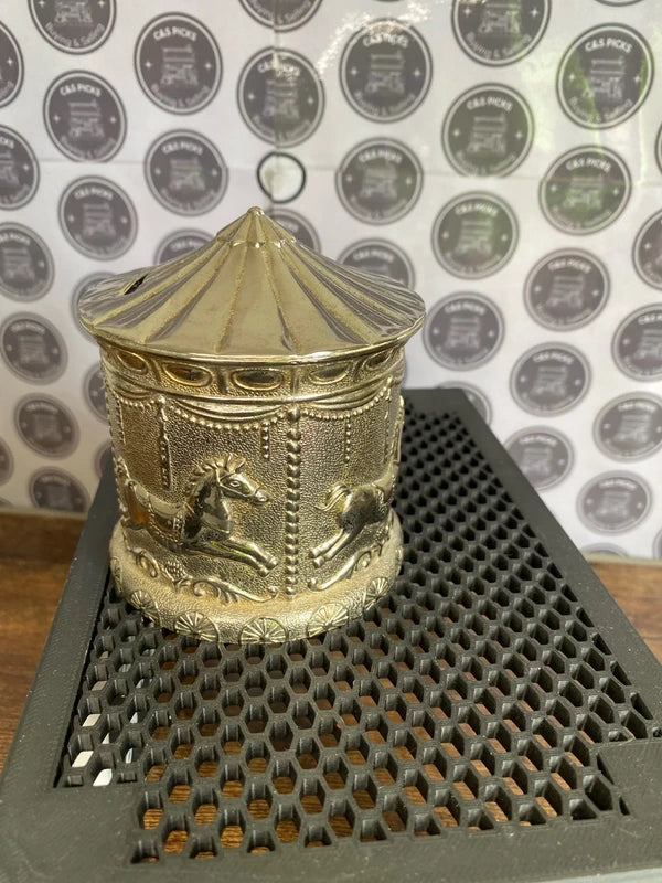 Vintage silver plated kids money box savings tin carousel horses