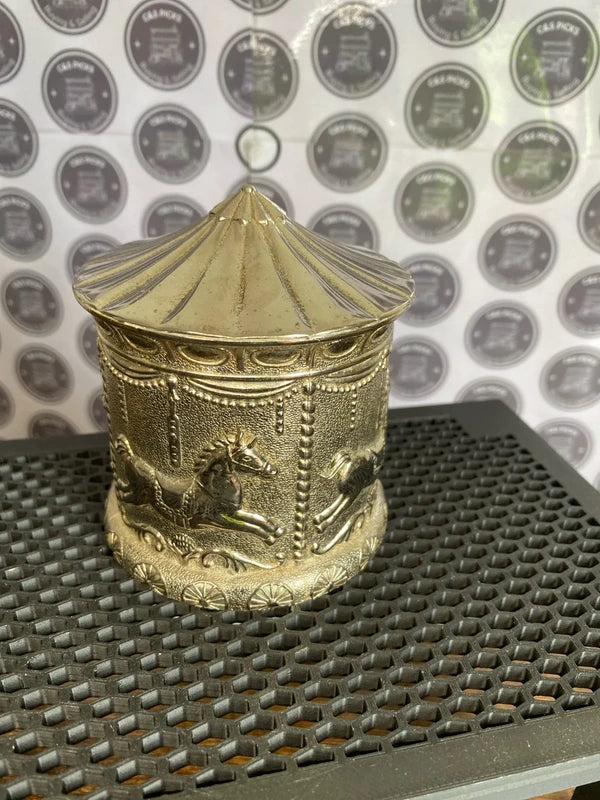 Vintage silver plated kids money box savings tin carousel horses