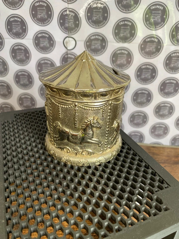 Vintage silver plated kids money box savings tin carousel horses