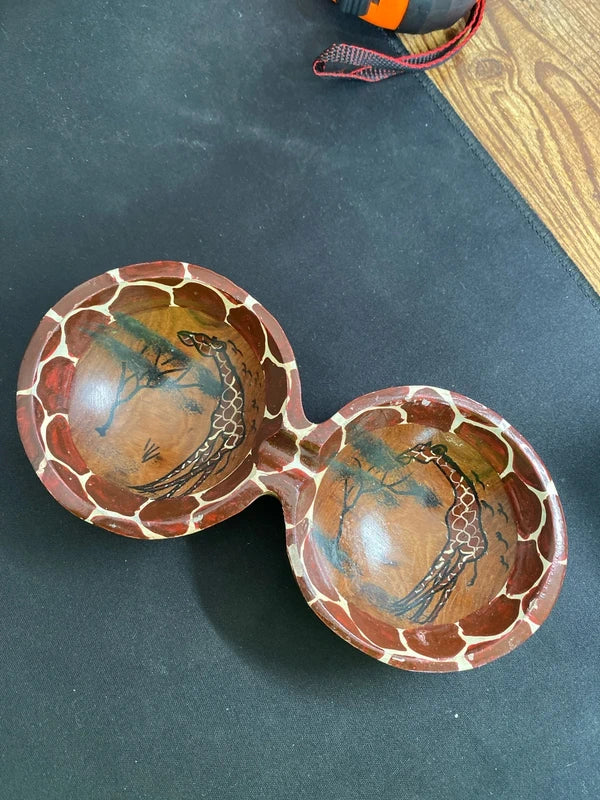 Vintage hand painted African double bowl gravy boat giraffe scene decor