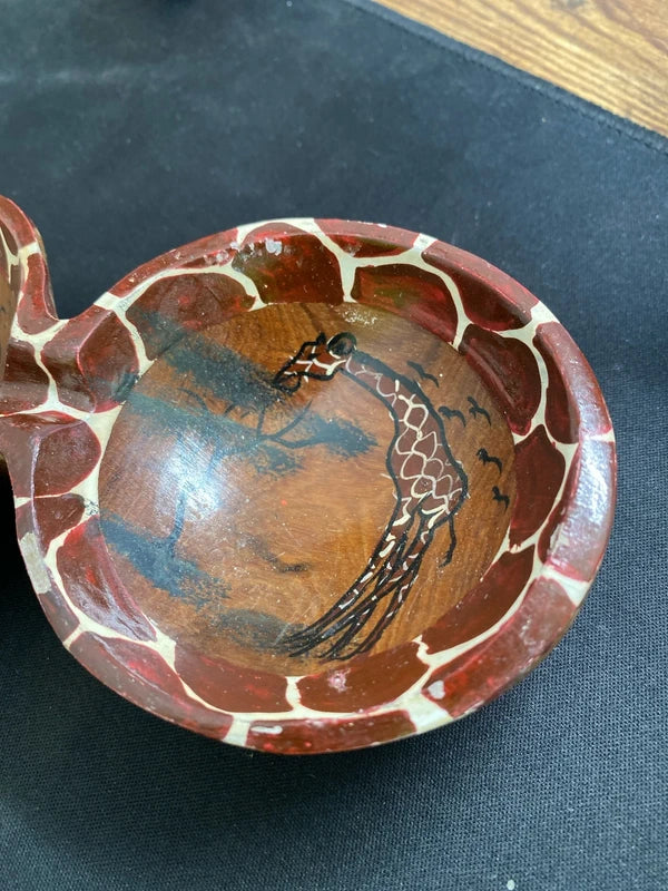 Vintage hand painted African double bowl gravy boat giraffe scene decor