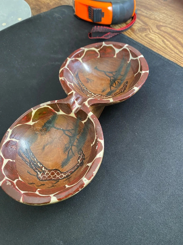 Vintage hand painted African double bowl gravy boat giraffe scene decor